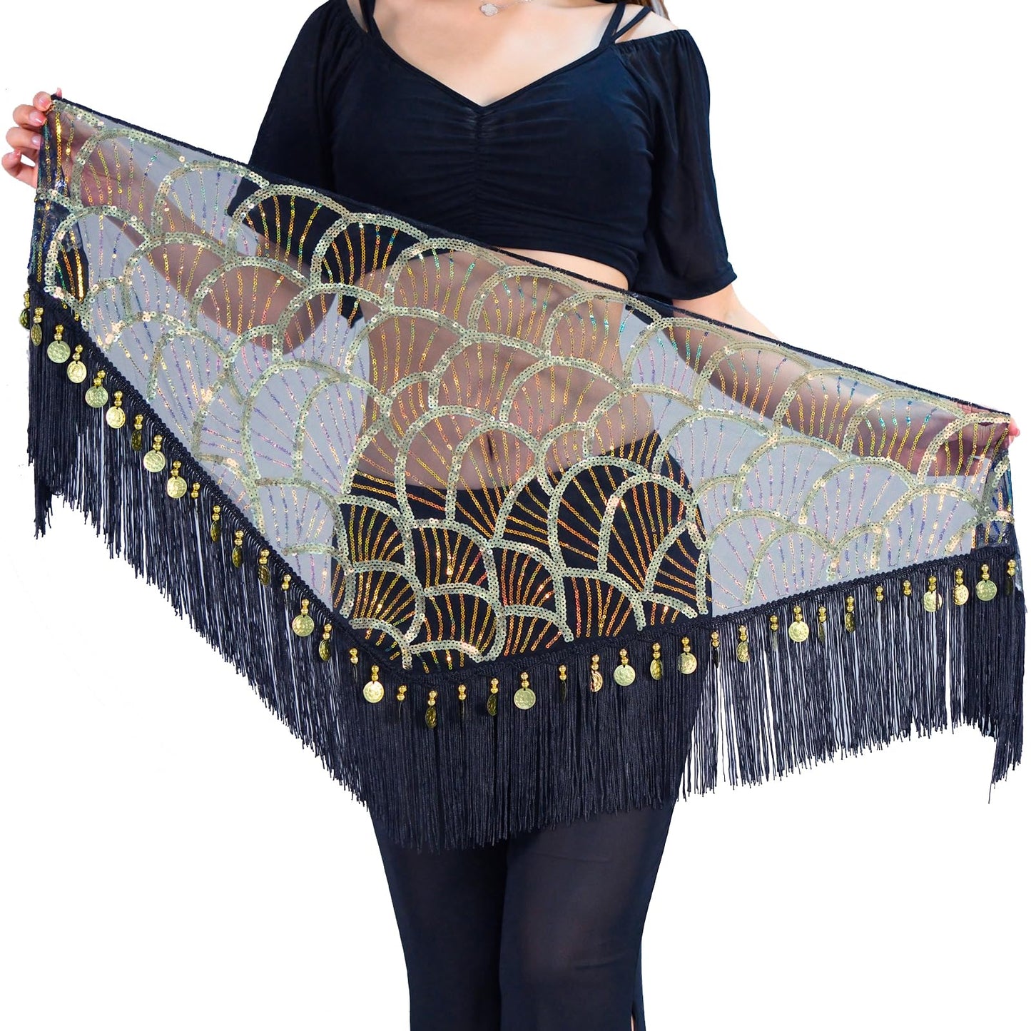 Belly Dance Hip Scarf Tassel Waist Chain with Shinning Sequins Scarf Skirts