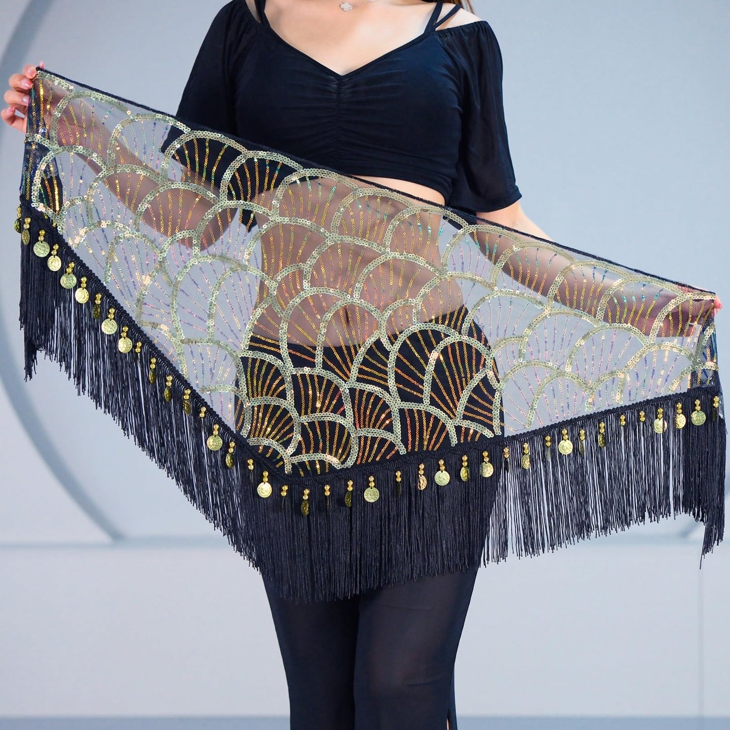 Belly Dance Hip Scarf Tassel Waist Chain with Shinning Sequins Scarf Skirts