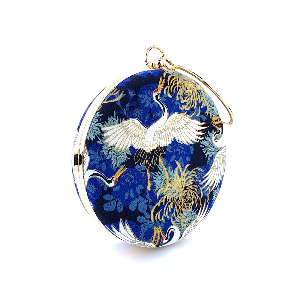 Womens Evening Bag Clutch Purse Luxury Handbag Embroidery Wedding Bag Crane-Print Small Round Evening Bag