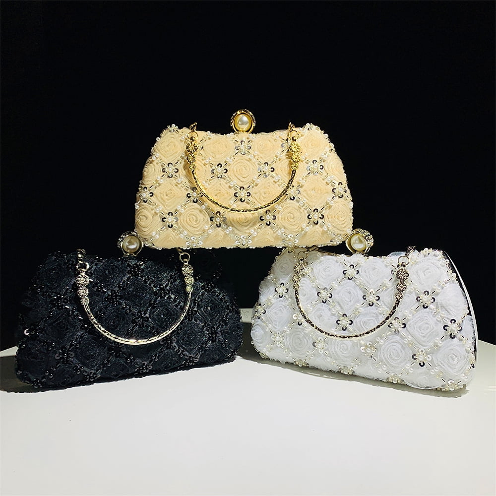 Fashion Evening Handbag Wedding Purses for Women with Handmade Flower Beads for Banquets, Weddings and Parties