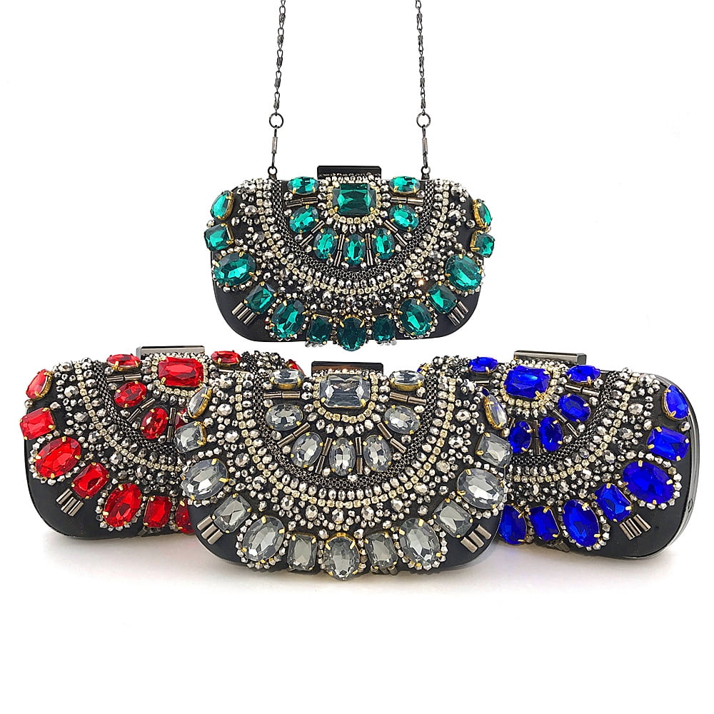 Womens Evening Clutch Purse Handbag Heavy Beaded Embroidered Evening Bag with Rhinestones