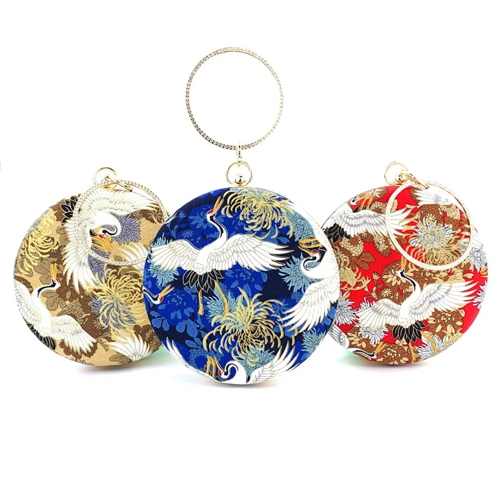 Womens Evening Bag Clutch Purse Luxury Handbag Embroidery Wedding Bag Crane-Print Small Round Evening Bag