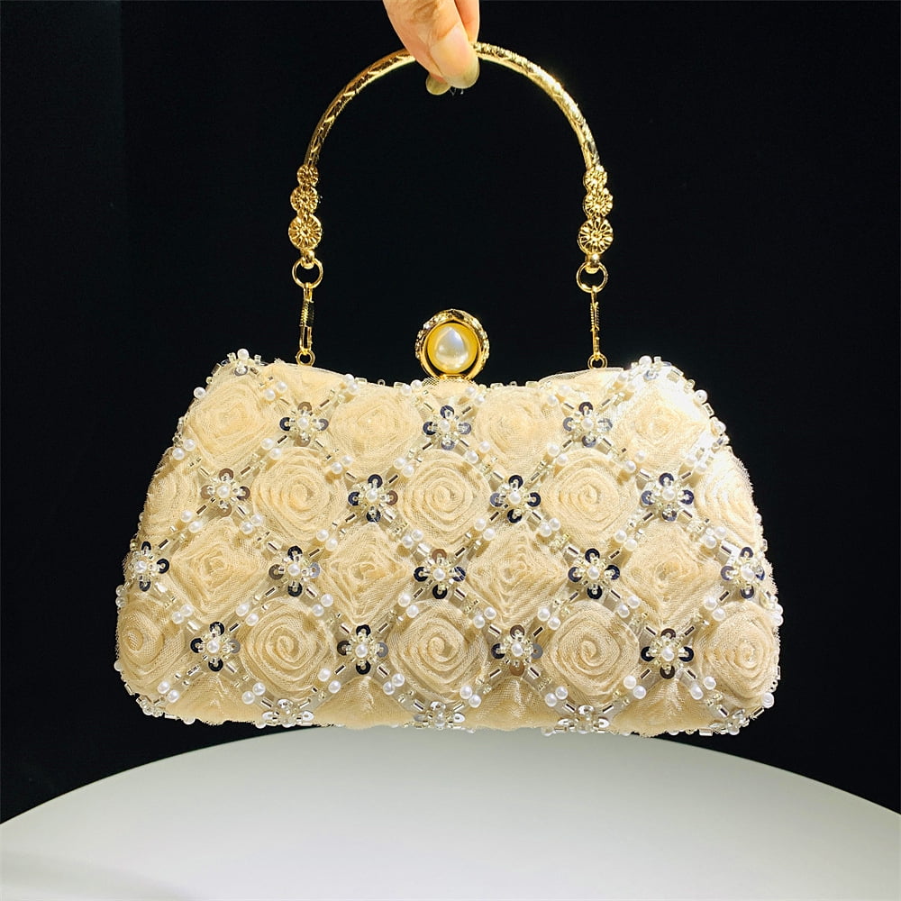 Fashion Evening Handbag Wedding Purses for Women with Handmade Flower Beads for Banquets, Weddings and Parties