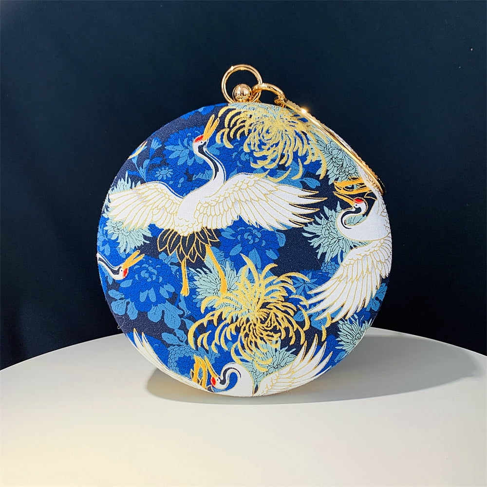 Womens Evening Bag Clutch Purse Luxury Handbag Embroidery Wedding Bag Crane-Print Small Round Evening Bag