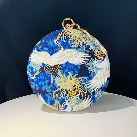 Womens Evening Bag Clutch Purse Luxury Handbag Embroidery Wedding Bag Crane-Print Small Round Evening Bag