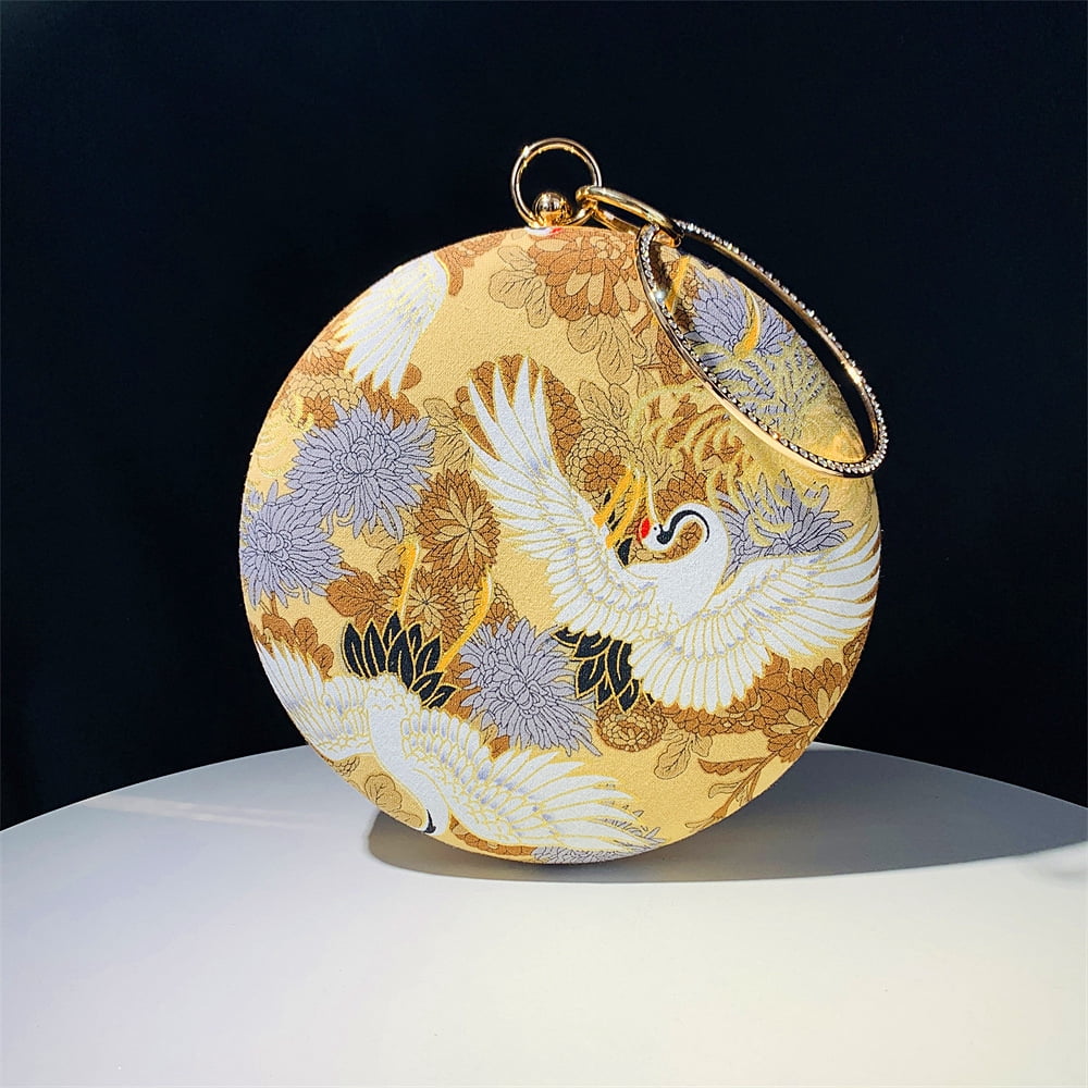 Womens Evening Bag Clutch Purse Luxury Handbag Embroidery Wedding Bag Crane-Print Small Round Evening Bag