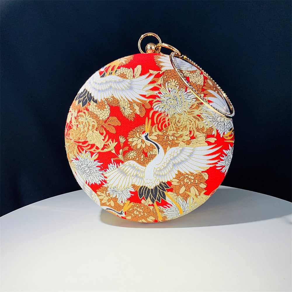 Womens Evening Bag Clutch Purse Luxury Handbag Embroidery Wedding Bag Crane-Print Small Round Evening Bag