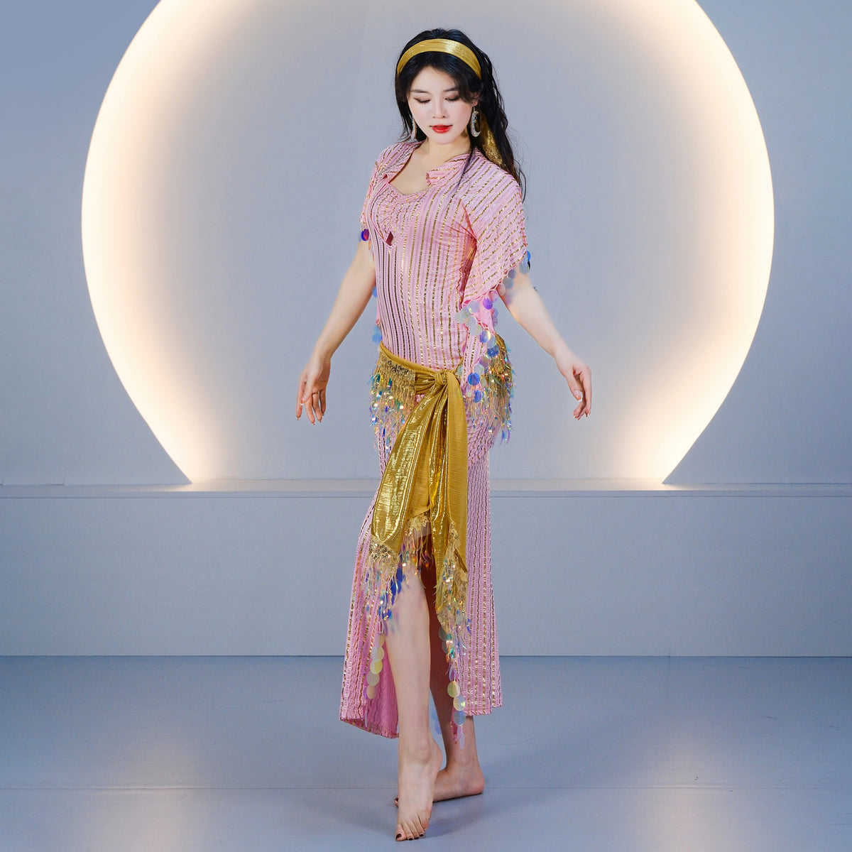 Egyptian-style Saidi Robe for Cane Dance and Folkloric Baladi with Features Sequins and Metallic Foil Stripes