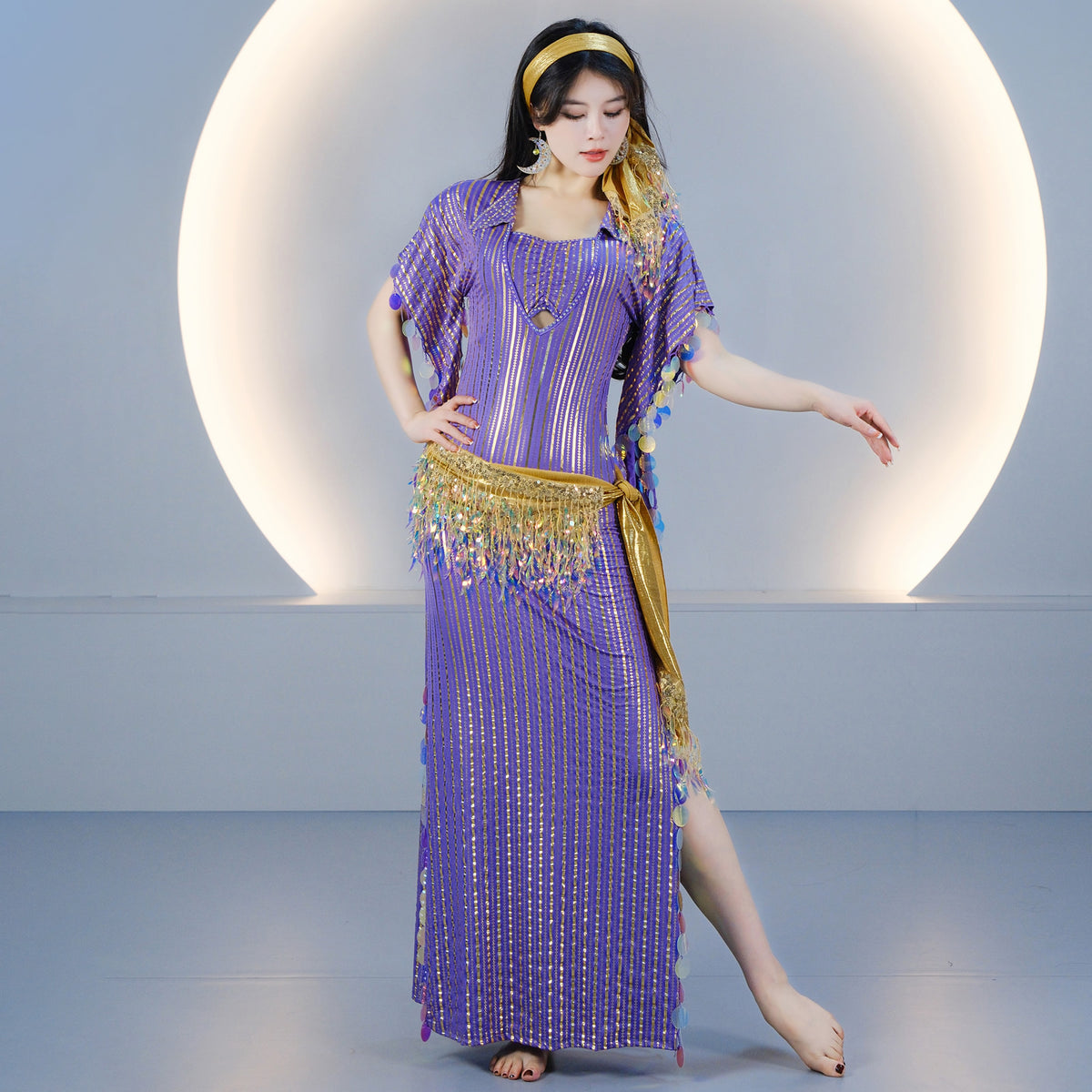Egyptian-style Saidi Robe for Cane Dance and Folkloric Baladi with Features Sequins and Metallic Foil Stripes