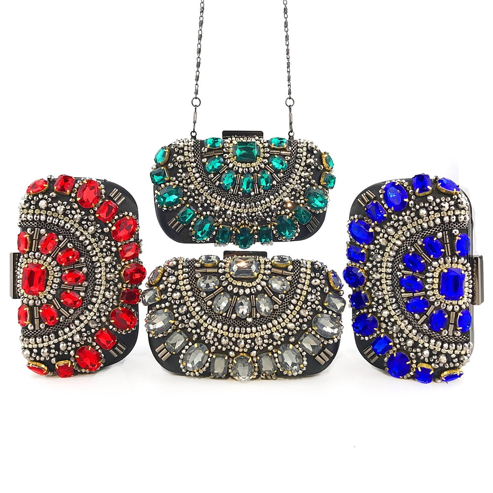 Womens Evening Clutch Purse Handbag Heavy Beaded Embroidered Evening Bag with Rhinestones