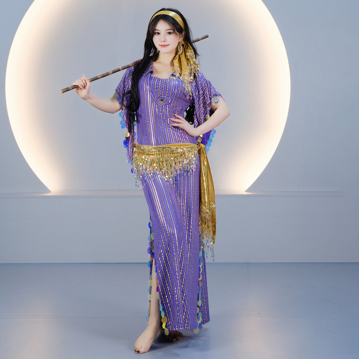 Egyptian-style Saidi Robe for Cane Dance and Folkloric Baladi with Features Sequins and Metallic Foil Stripes