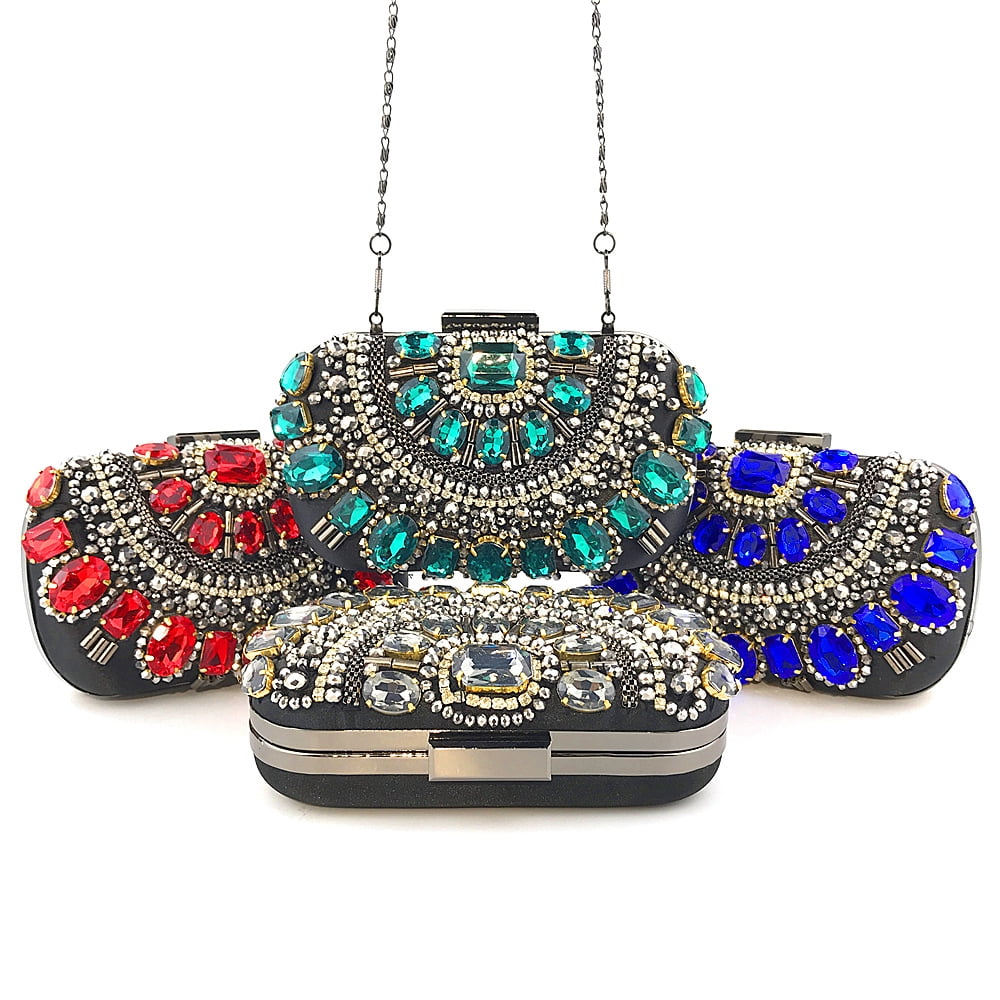 Womens Evening Clutch Purse Handbag Heavy Beaded Embroidered Evening Bag with Rhinestones