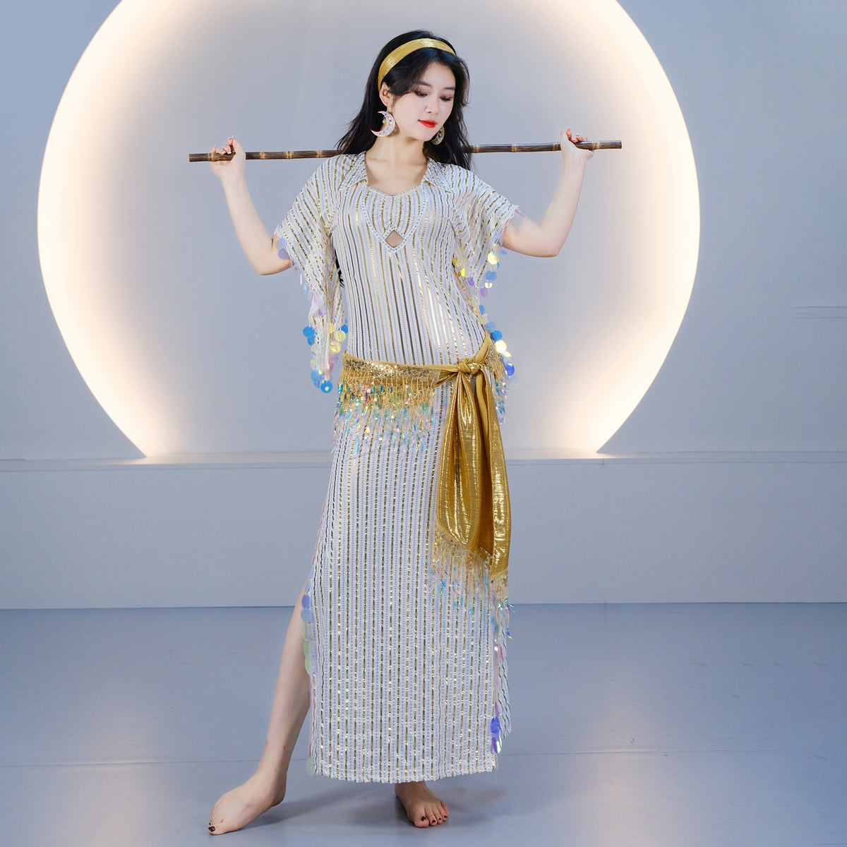 Egyptian-style Saidi Robe for Cane Dance and Folkloric Baladi with Features Sequins and Metallic Foil Stripes