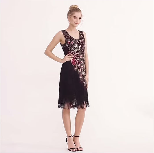 Plus Size Double V Neck 1920s Peacock Pattern Sequin Mini Dress Retro Sequin Fringe Skirt Dress Prom Party Evening Dress