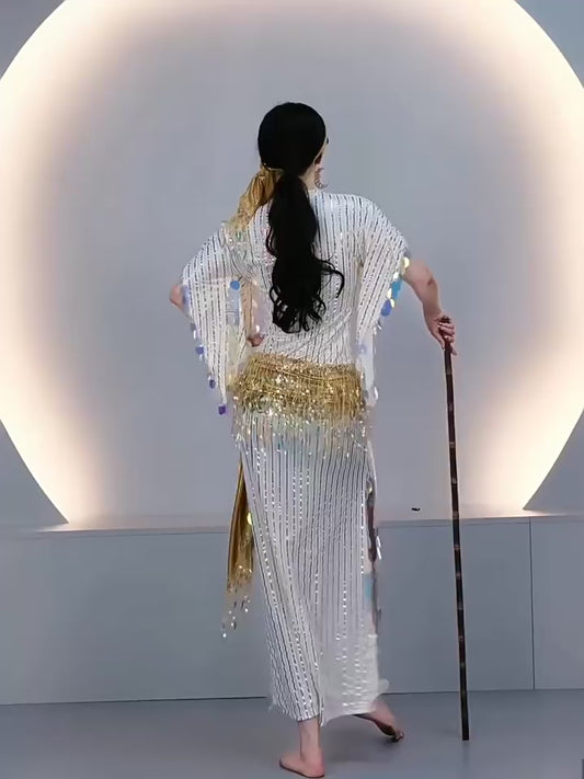 Egyptian-style Saidi Robe for Cane Dance and Folkloric Baladi with Features Sequins and Metallic Foil Stripes