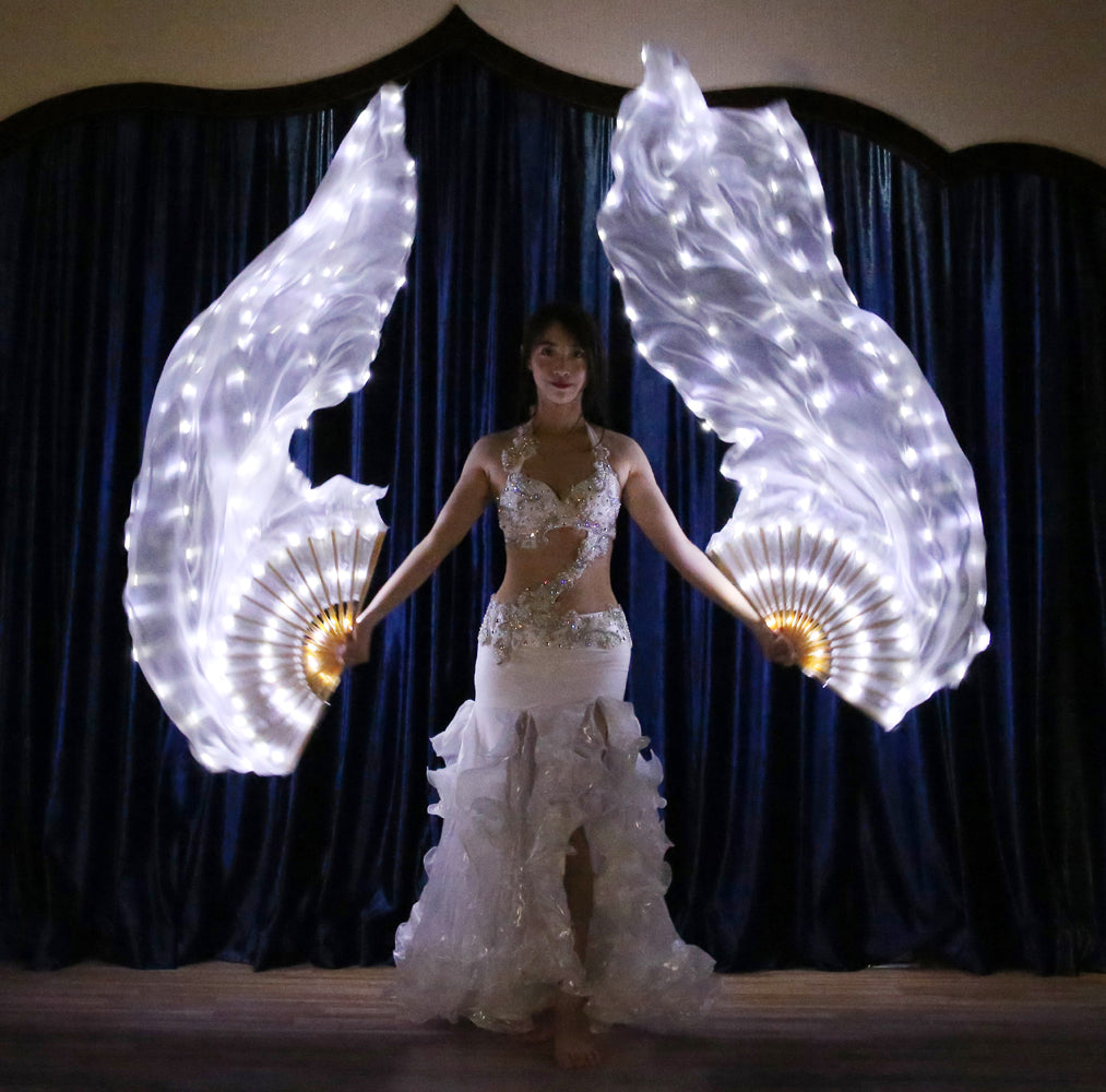 LED Fans Veil 100% Real Silk - 1.8m Long Bamboo Fans Veil Hand Made Silk Fans for Dance/Outdoor