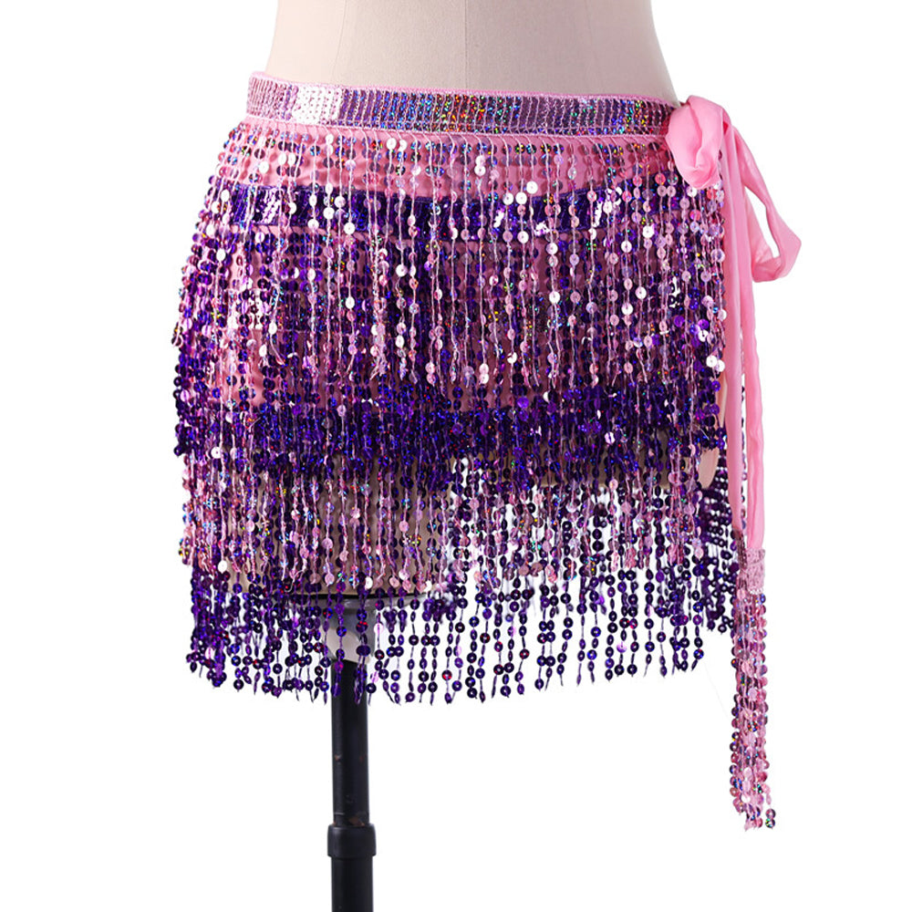 Sequined Fringed 4-Layers Drawstring Closure Belly Dance Waist Chain Skirt Hip Scarf Latin Skirt