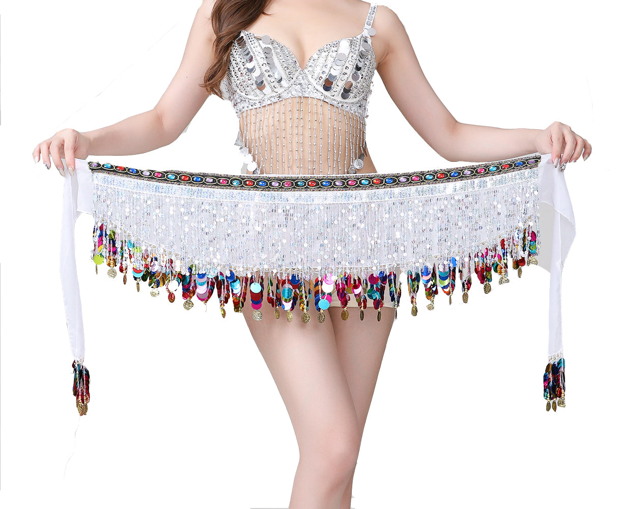 Sequined Chiffon Tassel Belly Dance Waist Chain with Colored Rhinestones Skirt Hip Scarf Latin Skirt