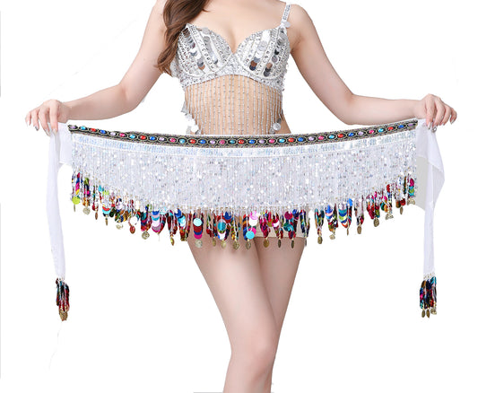 Sequined Chiffon Tassel Belly Dance Waist Chain with Colored Rhinestones Skirt Hip Scarf Latin Skirt