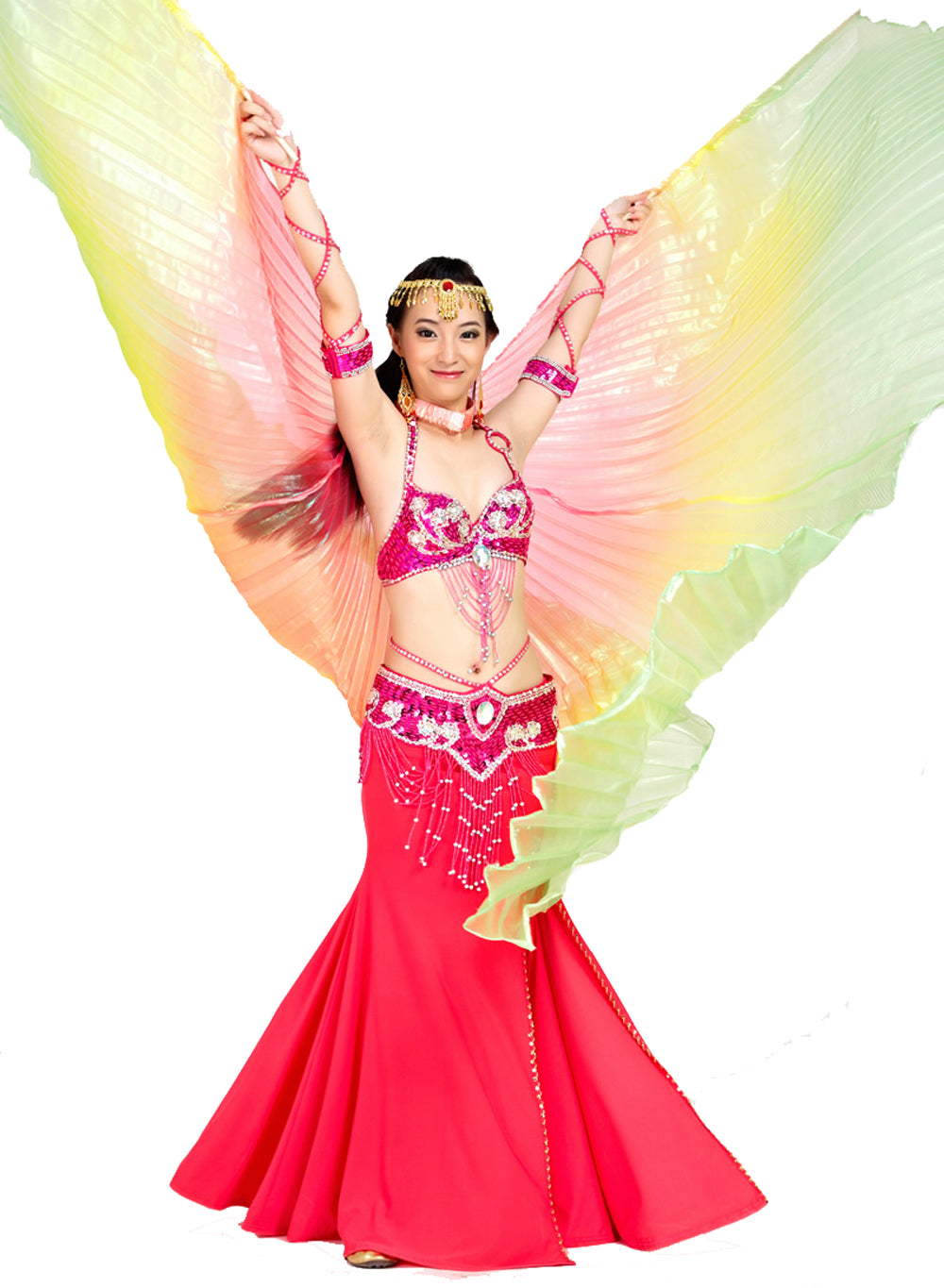 Women's Belly Dance Costume Isis Wings, Tricolor Dance Wings Angel Wings for Halloween Carnival Performance with Sticks