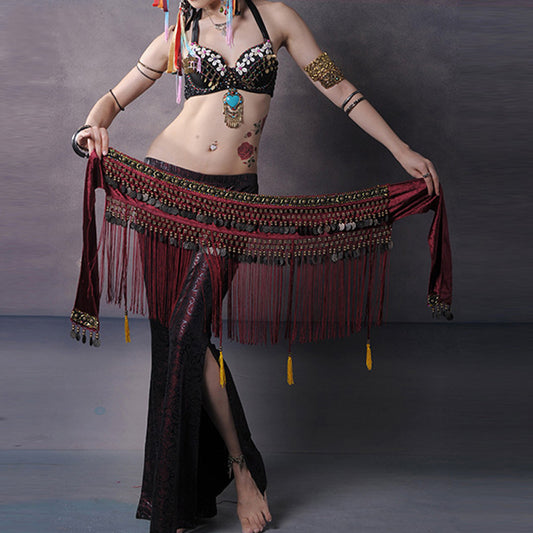 Women's Belly Dance Tribal Hip Scarf with Fringe Coins Flannel