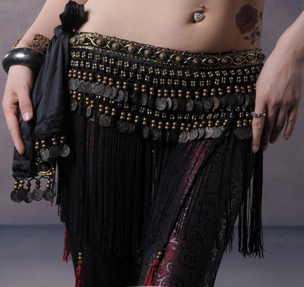 Women's Belly Dance Tribal Hip Scarf with Fringe Coins Flannel