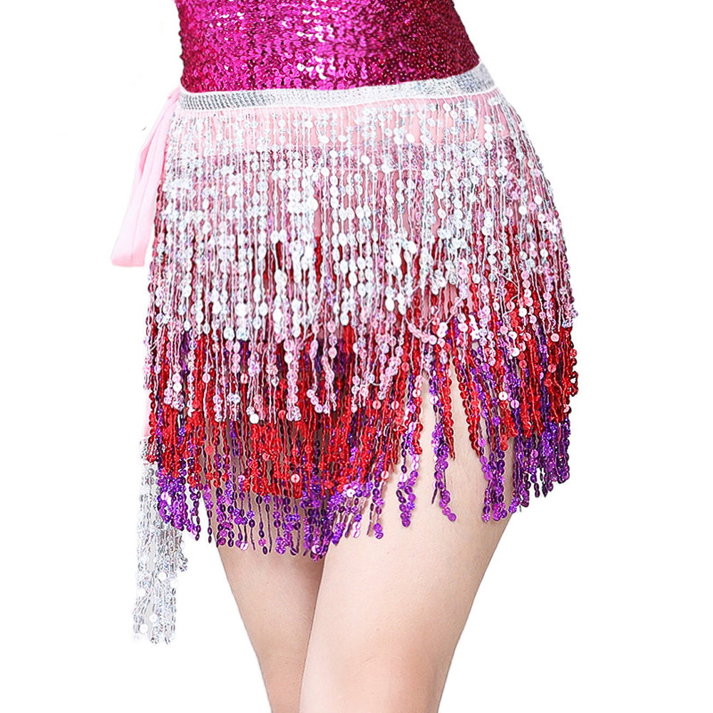 Sequined Fringed 4-Layers Drawstring Closure Belly Dance Waist Chain Skirt Hip Scarf Latin Skirt