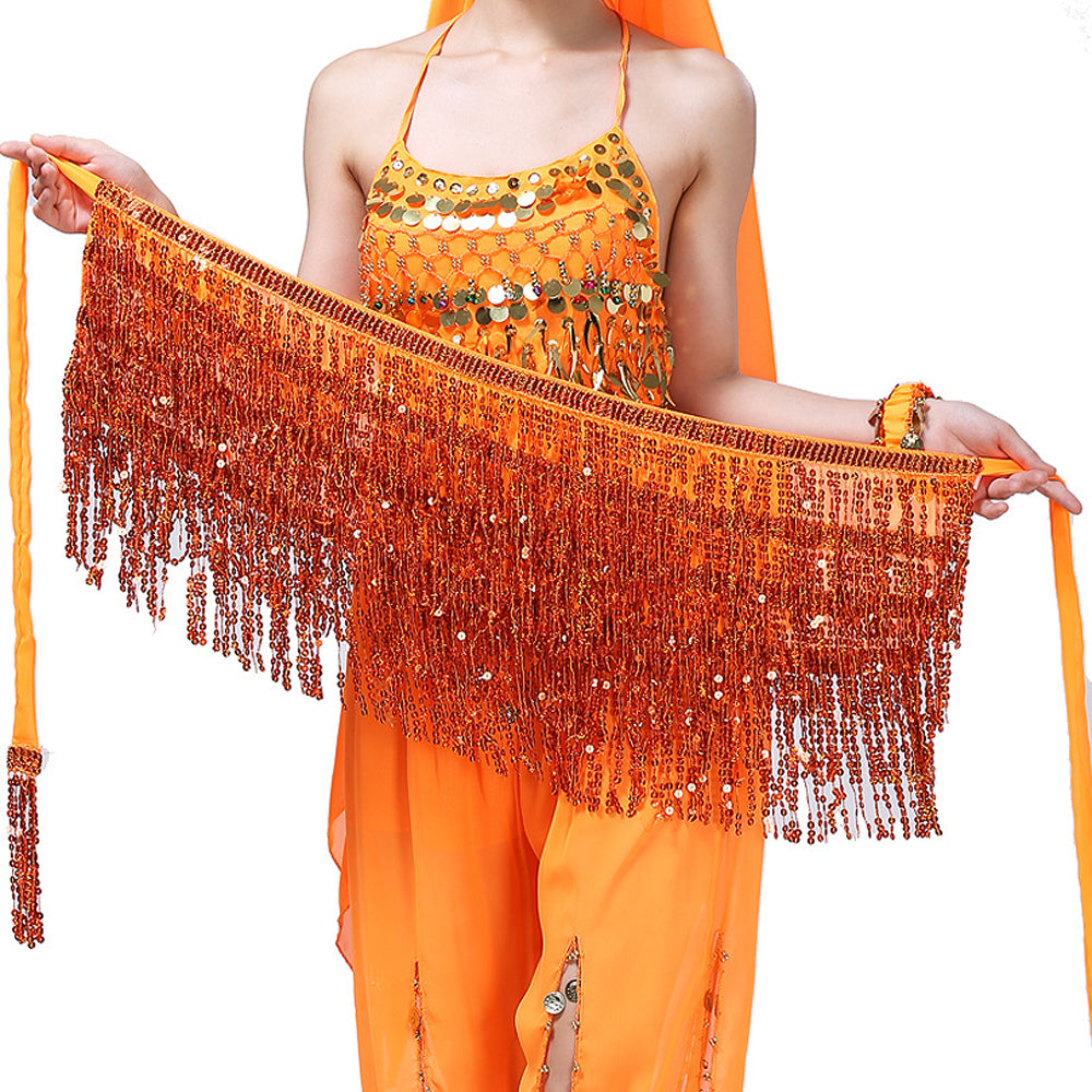Sequined Fringed 4-Layers Drawstring Closure Belly Dance Waist Chain Skirt Hip Scarf Latin Skirt