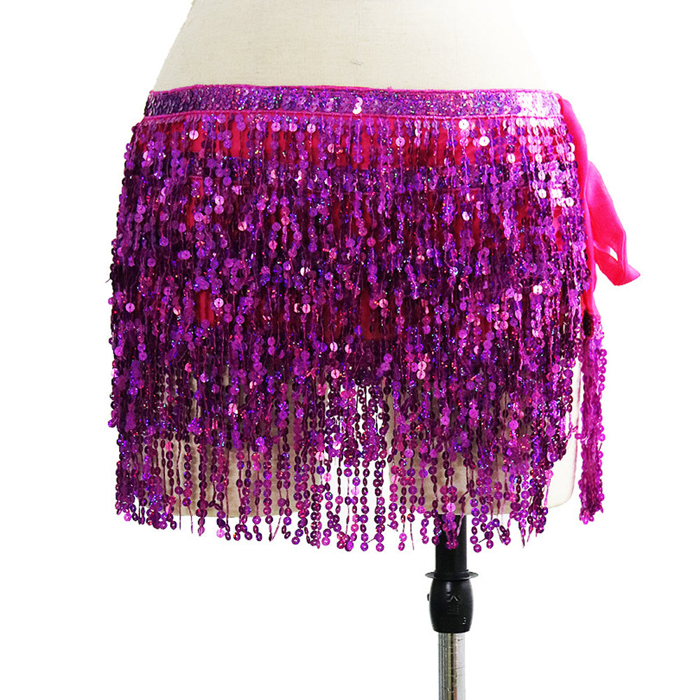 Sequined Fringed 4-Layers Drawstring Closure Belly Dance Waist Chain Skirt Hip Scarf Latin Skirt