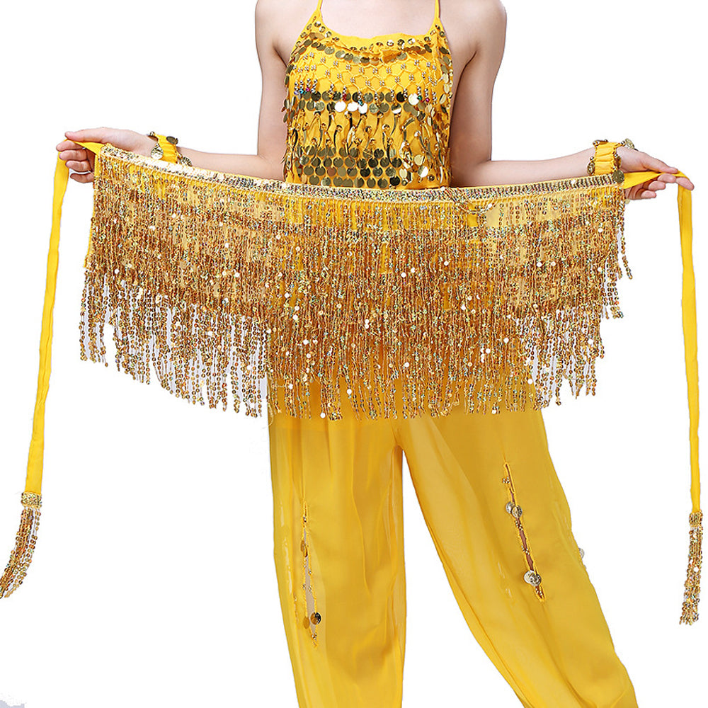 Sequined Fringed 4-Layers Drawstring Closure Belly Dance Waist Chain Skirt Hip Scarf Latin Skirt