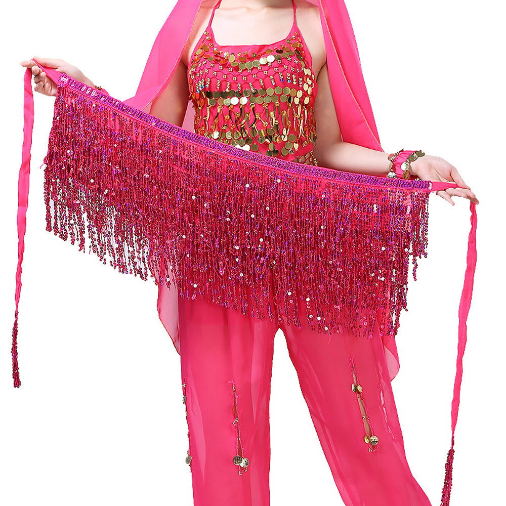Sequined Fringed 4-Layers Drawstring Closure Belly Dance Waist Chain Skirt Hip Scarf Latin Skirt