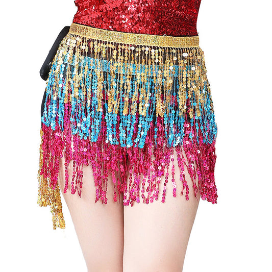 Sequined Fringed 4-Layers Drawstring Closure Belly Dance Waist Chain Skirt Hip Scarf Latin Skirt