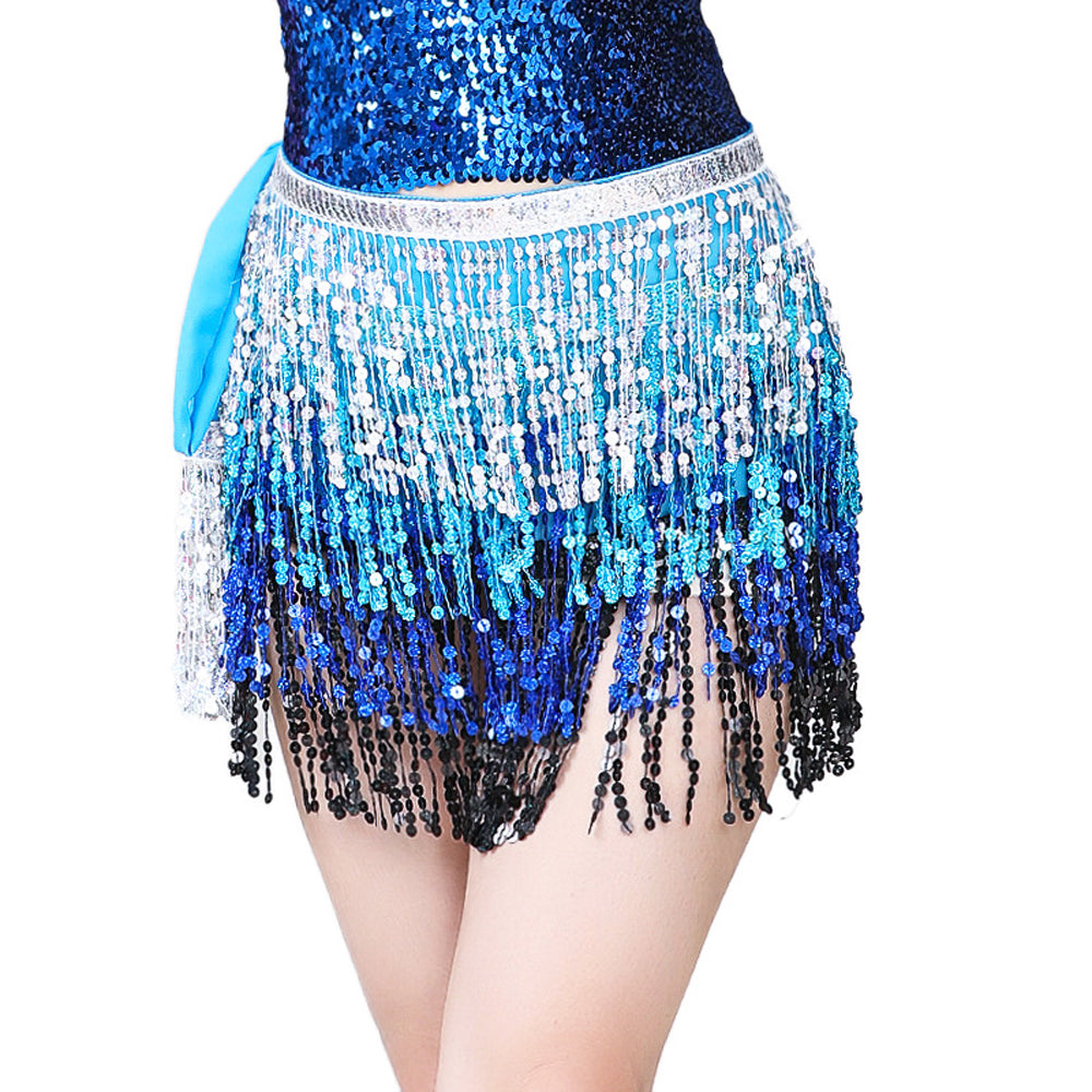 Sequined Fringed 4-Layers Drawstring Closure Belly Dance Waist Chain Skirt Hip Scarf Latin Skirt