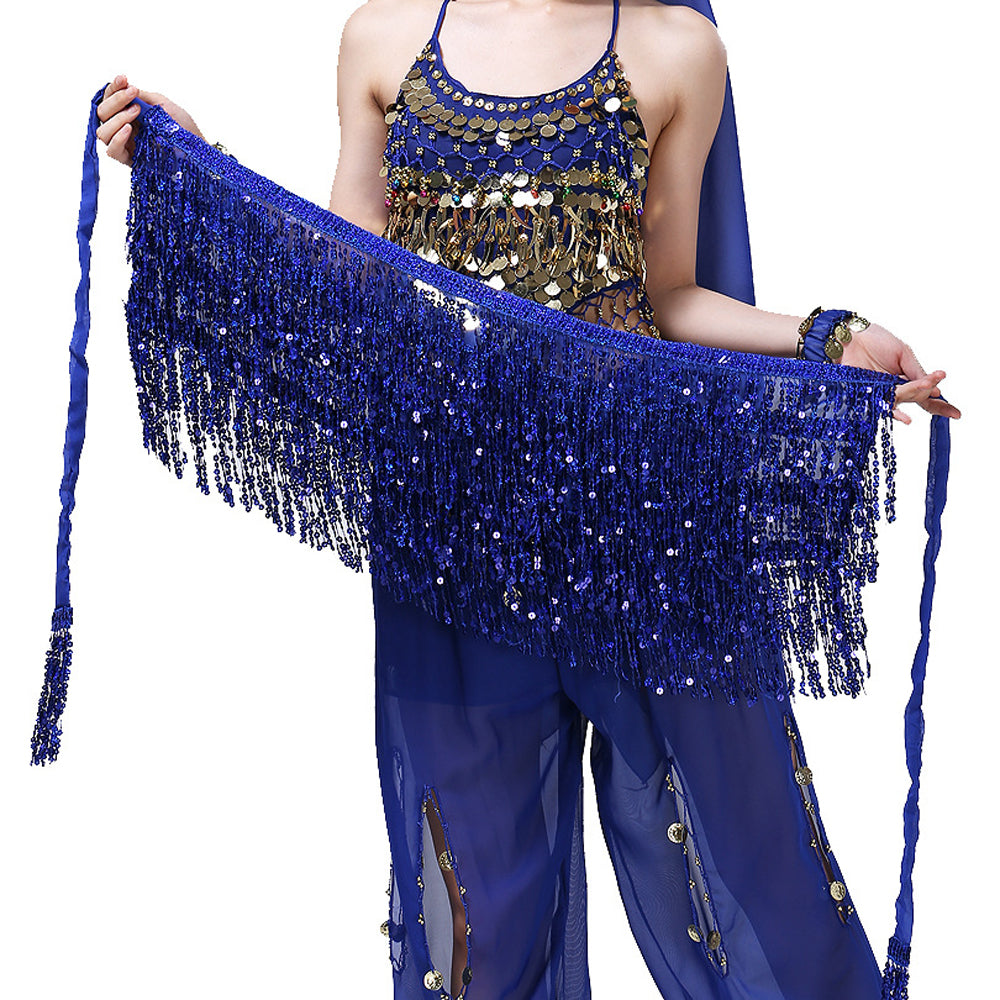 Sequined Fringed 4-Layers Drawstring Closure Belly Dance Waist Chain Skirt Hip Scarf Latin Skirt
