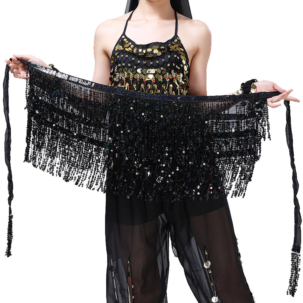 Sequined Fringed 4-Layers Drawstring Closure Belly Dance Waist Chain Skirt Hip Scarf Latin Skirt