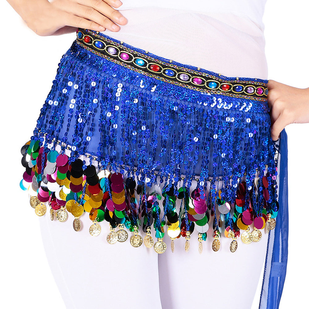 Sequined Chiffon Tassel Belly Dance Waist Chain with Colored Rhinestones Skirt Hip Scarf Latin Skirt
