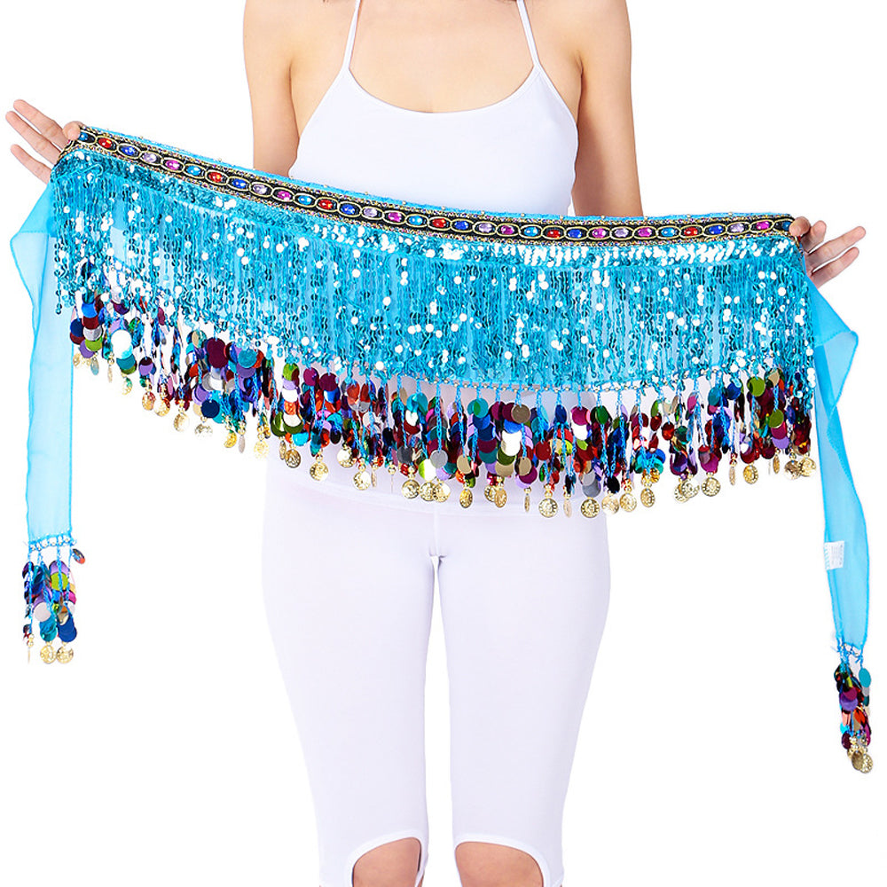 Sequined Chiffon Tassel Belly Dance Waist Chain with Colored Rhinestones Skirt Hip Scarf Latin Skirt
