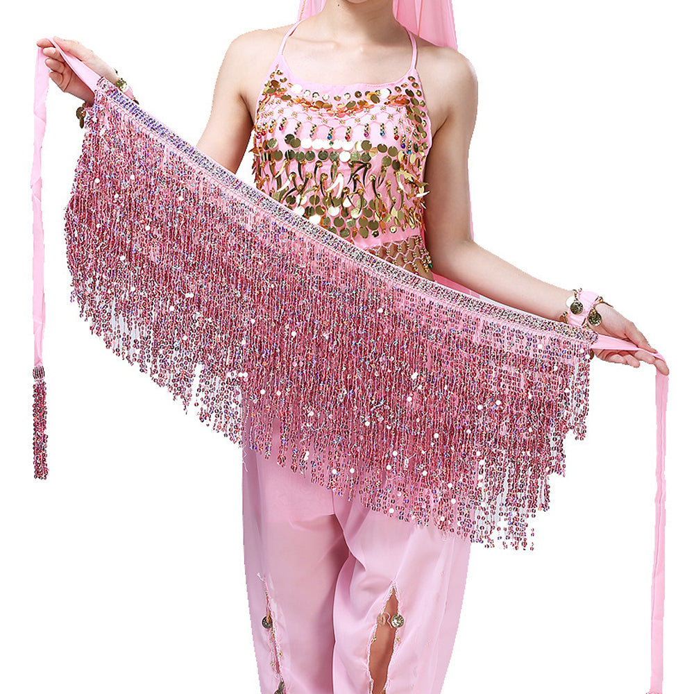Sequined Fringed 4-Layers Drawstring Closure Belly Dance Waist Chain Skirt Hip Scarf Latin Skirt