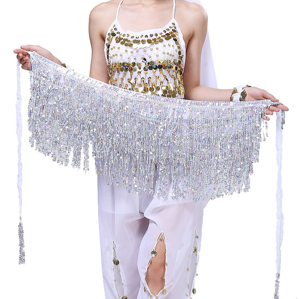 Sequined Fringed 4-Layers Drawstring Closure Belly Dance Waist Chain Skirt Hip Scarf Latin Skirt