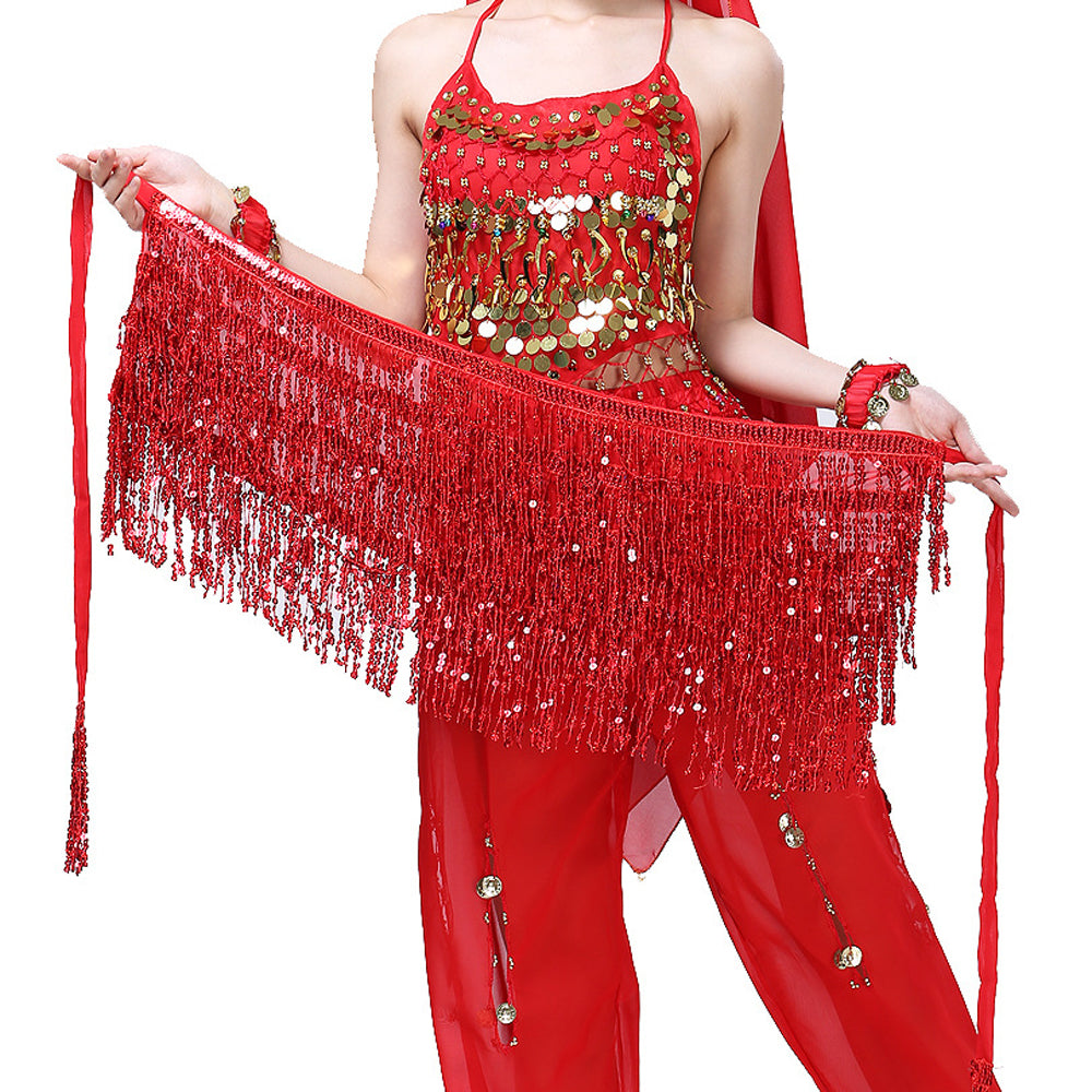Sequined Fringed 4-Layers Drawstring Closure Belly Dance Waist Chain Skirt Hip Scarf Latin Skirt