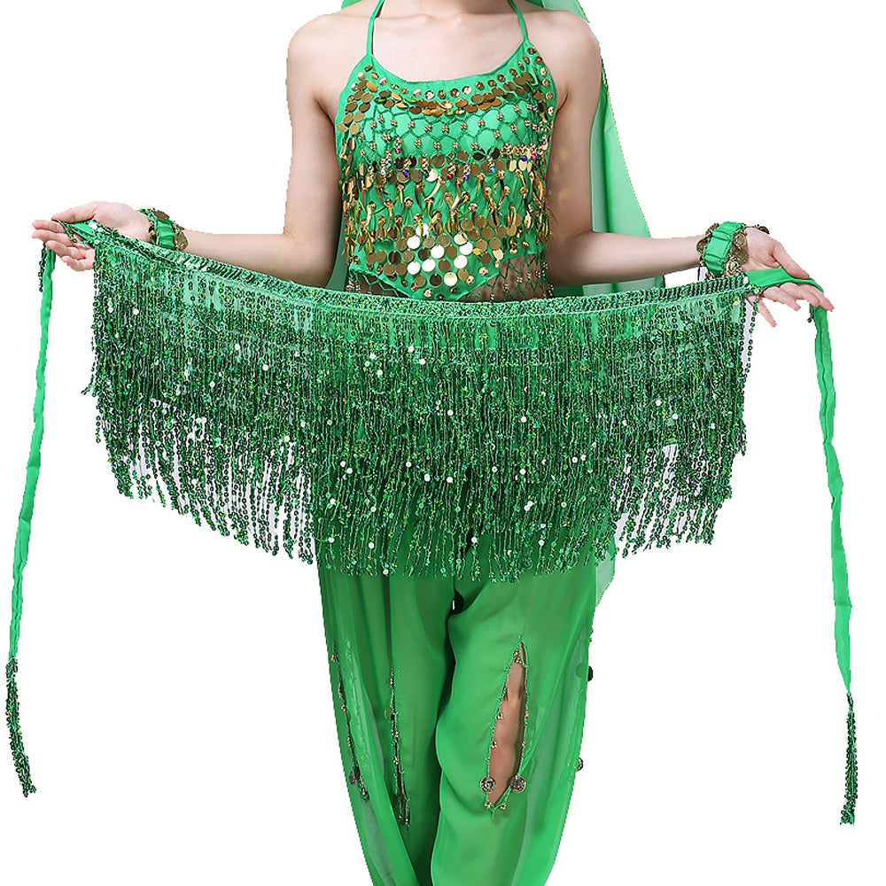 Sequined Fringed 4-Layers Drawstring Closure Belly Dance Waist Chain Skirt Hip Scarf Latin Skirt