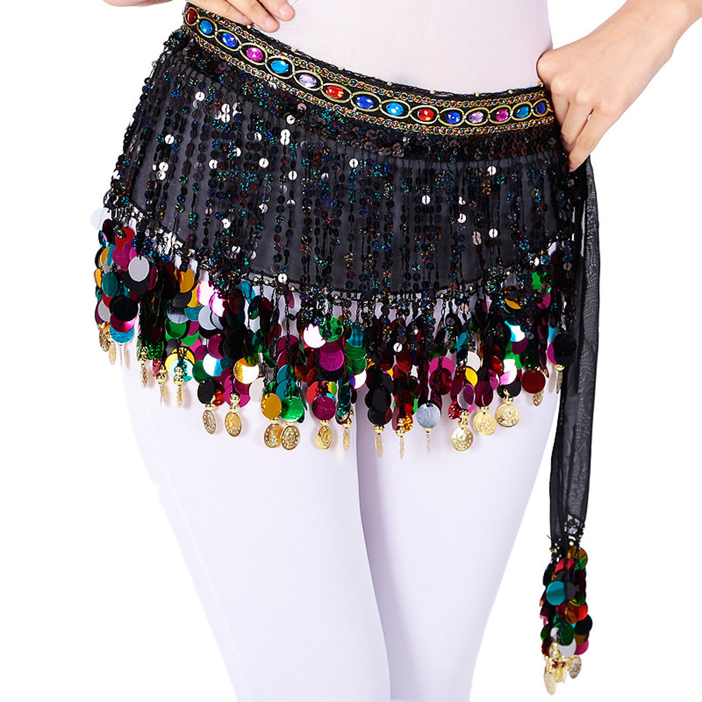 Sequined Chiffon Tassel Belly Dance Waist Chain with Colored Rhinestones Skirt Hip Scarf Latin Skirt