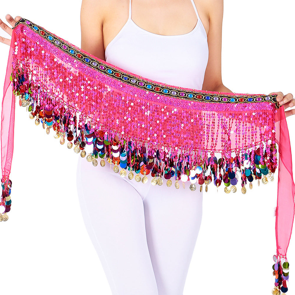 Sequined Chiffon Tassel Belly Dance Waist Chain with Colored Rhinestones Skirt Hip Scarf Latin Skirt