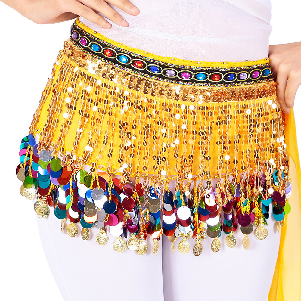 Sequined Chiffon Tassel Belly Dance Waist Chain with Colored Rhinestones Skirt Hip Scarf Latin Skirt