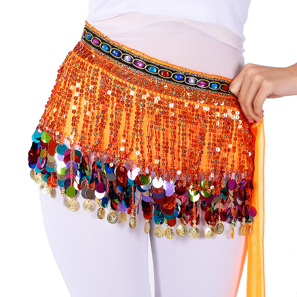Sequined Chiffon Tassel Belly Dance Waist Chain with Colored Rhinestones Skirt Hip Scarf Latin Skirt
