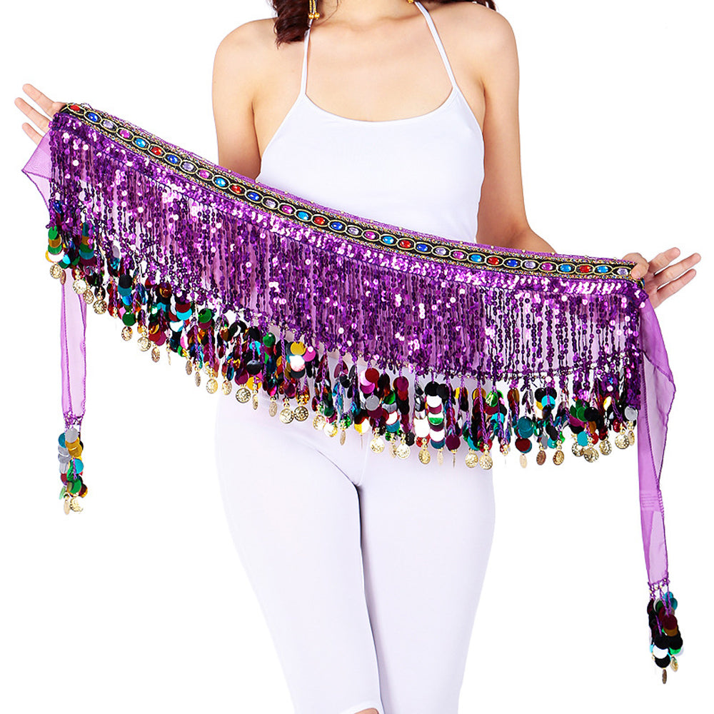 Sequined Chiffon Tassel Belly Dance Waist Chain with Colored Rhinestones Skirt Hip Scarf Latin Skirt