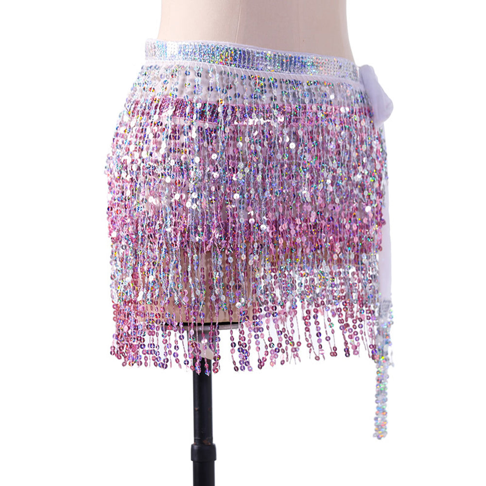 Sequined Fringed 4-Layers Drawstring Closure Belly Dance Waist Chain Skirt Hip Scarf Latin Skirt