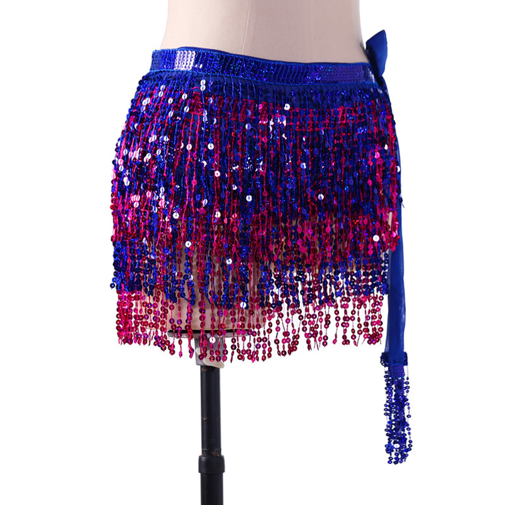 Sequined Fringed 4-Layers Drawstring Closure Belly Dance Waist Chain Skirt Hip Scarf Latin Skirt