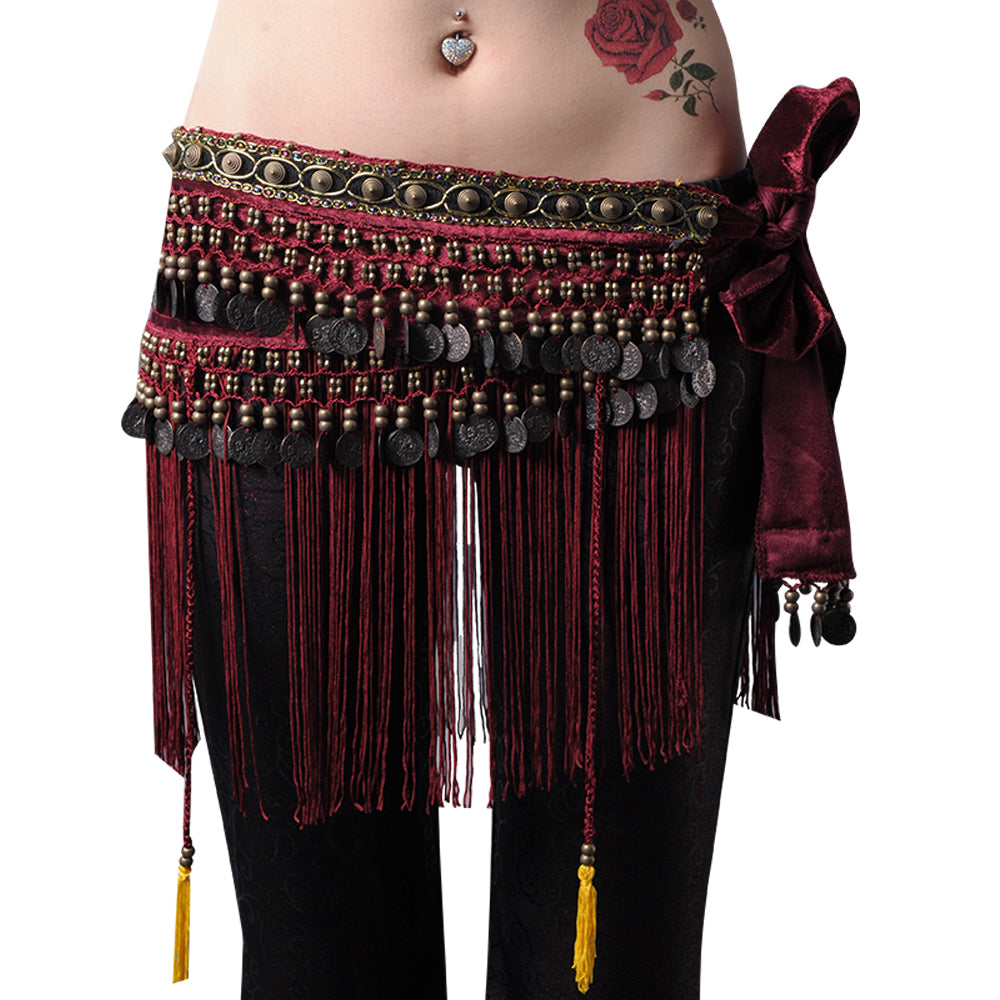 Women's Belly Dance Tribal Hip Scarf with Fringe Coins Flannel