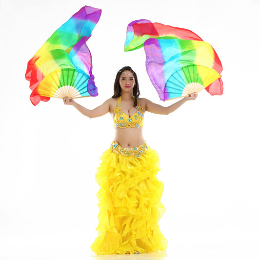 180x90cm 100% Real Silk Chinese Belly Dance Fans Veils Hand Made Rainbow Fans